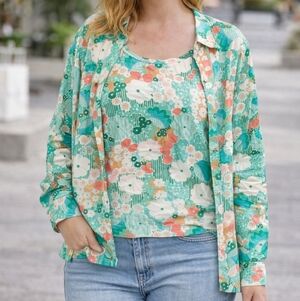 Vintage 2pc Set Button Down Shirt & Tank Top Floral Groovy 70s Hippie Collar